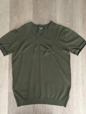 Paul Jones Knit Top Medium Khaki Color Short Sleeve Rayon/Nylon Summer Vee Neck